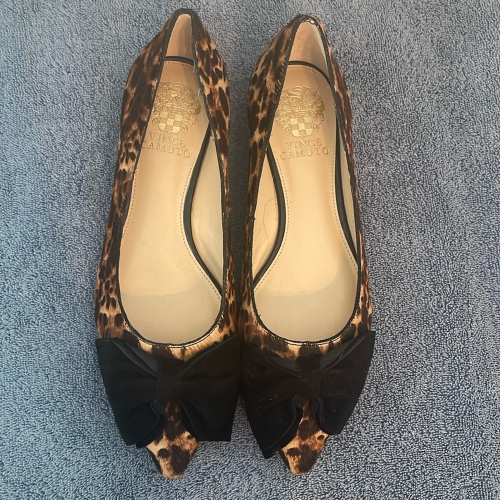 Vince Camuto Leopard Print Pointed Toe Flats with Black Bow